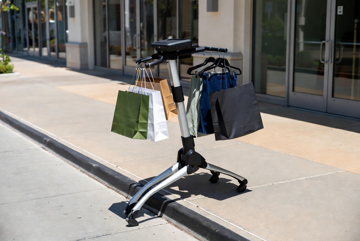 Concept image of the follow-me rover carrying shopping bags outside a store